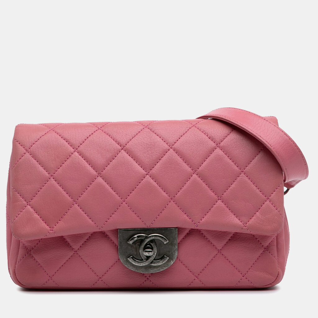 luxury-women-chanel-used-handbags-p1162029-003 Chanel Pink Small Quilted Shiny Goatskin Double Carry Waist Chain Flap