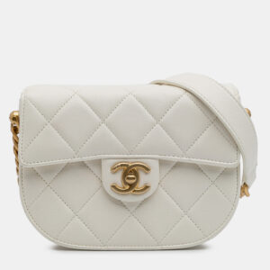 Chanel White CC Quilted Lambskin Round Moon Messenger Flap