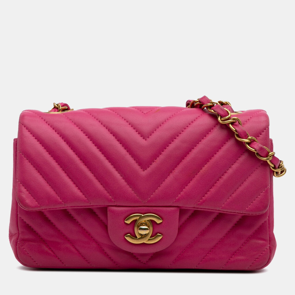 luxury-women-chanel-used-handbags-p1162071-009 Chanel Pink Mini Rectangular Classic Chevron Lambskin Single Flap