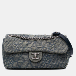 Chanel Blue Medium Embroidered Denim Camellia Flap