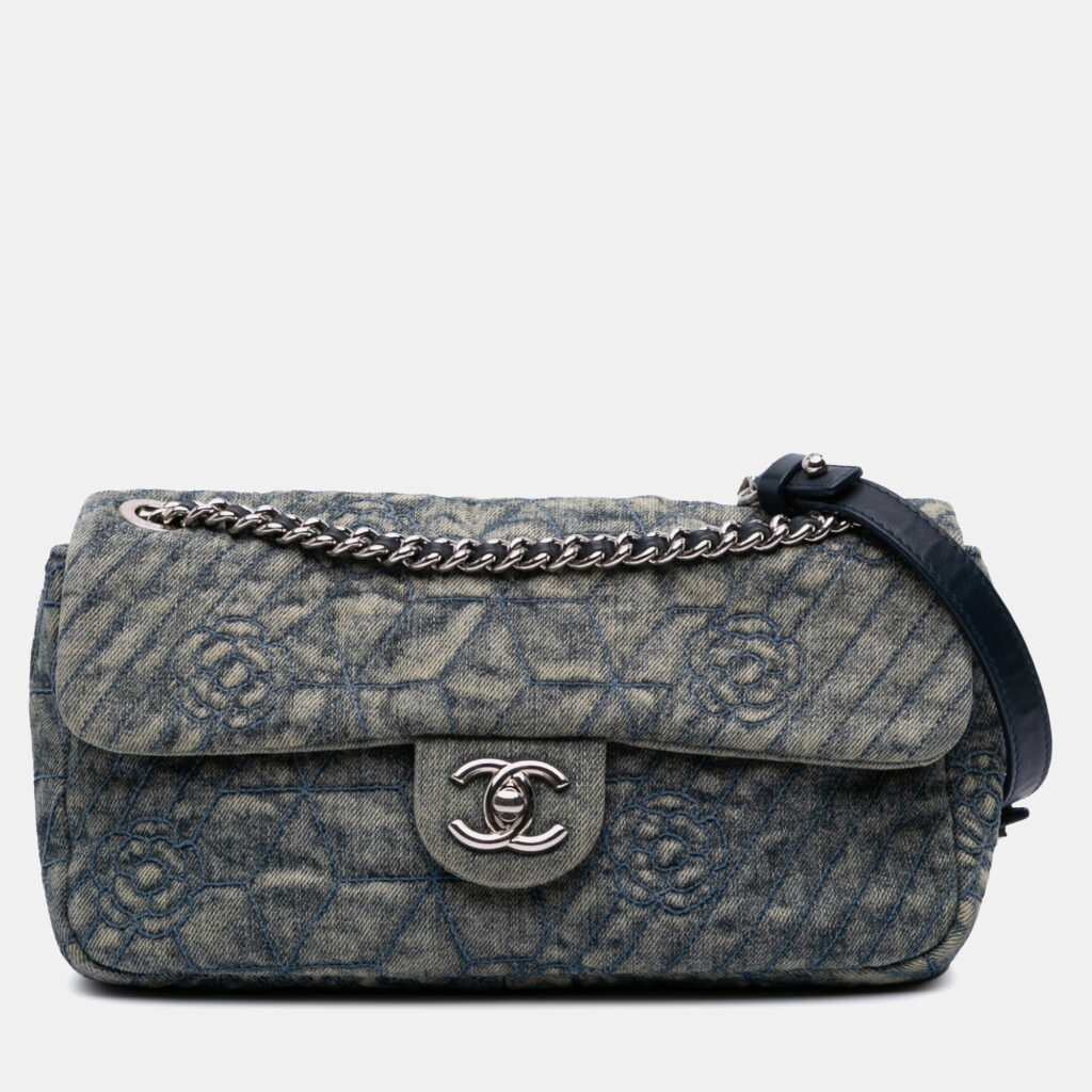 luxury-women-chanel-used-handbags-p1162143-007 Chanel Blue Medium Embroidered Denim Camellia Flap
