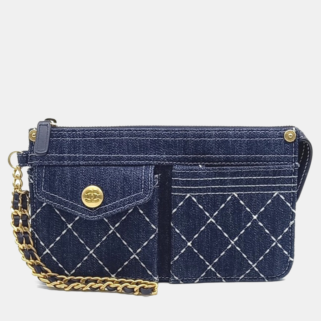 Chanel Navy Blue Matelassé Denim Clutch