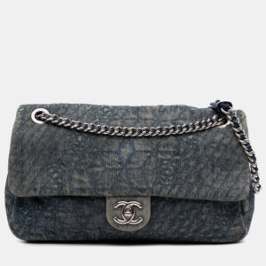 Chanel Blue Large Embroidered Denim Camellia Flap