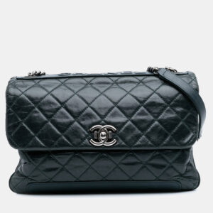 Chanel Green Quilted Aged Calfskin Logo Accordion Flap