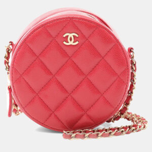 Chanel Red Quilted Caviar Round Clutch With Chain