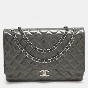 Chanel Grey Straited Quilted Patent Leather Maxi Classic Double Flap Bag