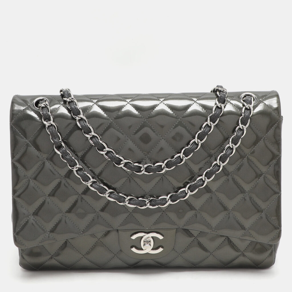 luxury-women-chanel-used-handbags-p1163200-015 Chanel Grey Straited Quilted Patent Leather Maxi Classic Double Flap Bag