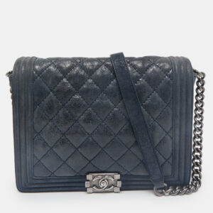 chanel navy blue quilted iridescent leather boy flap bag