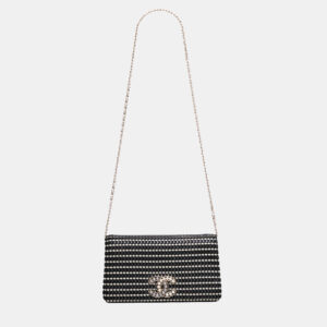 Chanel Black CC Bicolor Woven Lambskin Crystal Pearl Flap