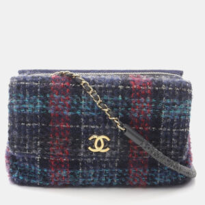 Chanel Blue Multicolor Tweed Quilted Enamel CC Double Flap Bag