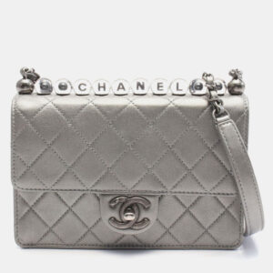 Chanel Silver Metallic Goatskin Quilted Chic Pearls Flap Bag