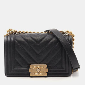 Chanel Black Caviar Chevron Quilted Boy Flap Bag