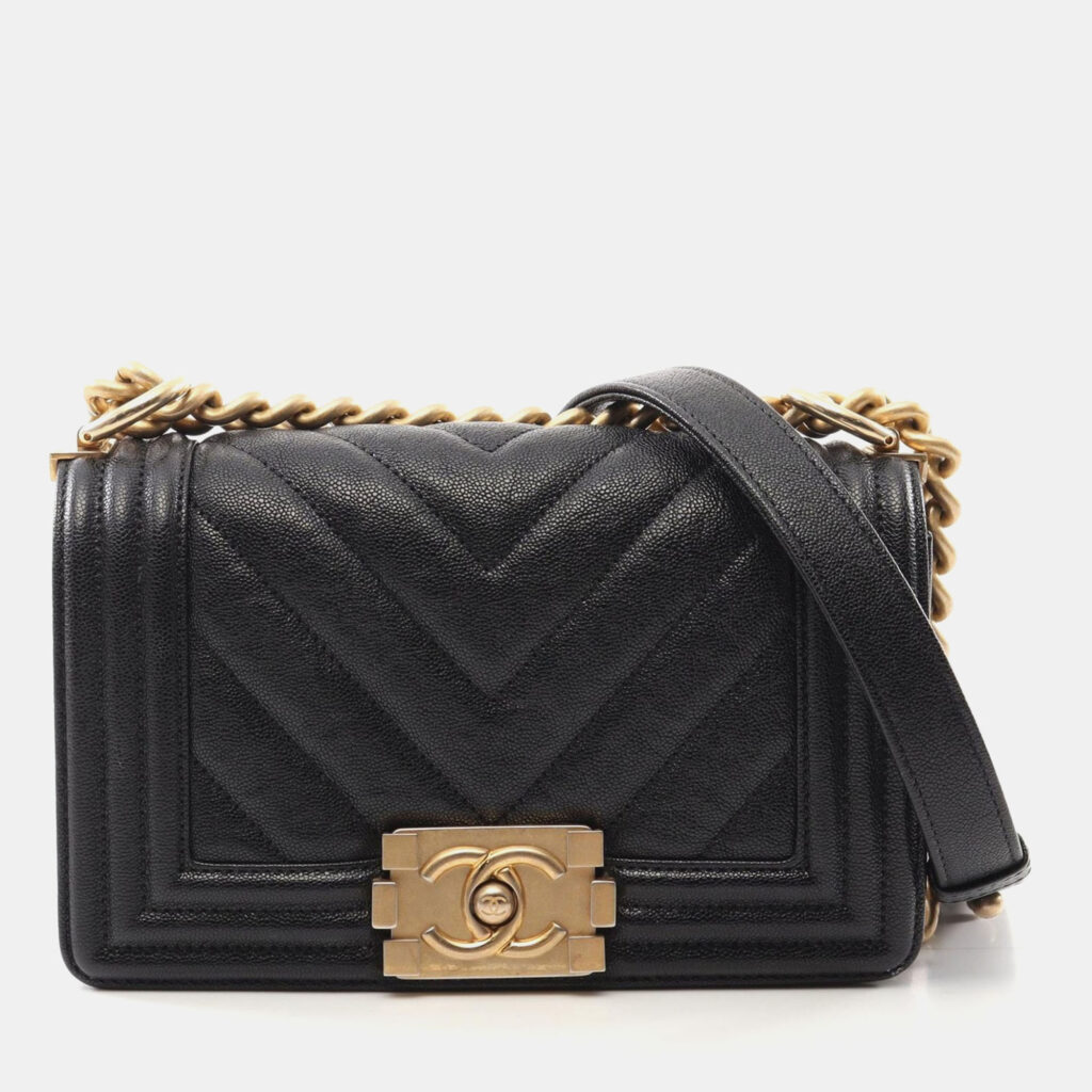luxury-women-chanel-used-handbags-p1163946-006 Chanel Black Caviar Chevron Quilted Boy Flap Bag