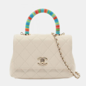 Chanel White Quilted Chevre  Rainbow Coco Handle Flap Bag