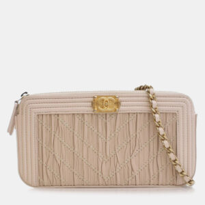 Chanel Beige Small Chevron Crumpled Lambskin Boy Clutch With Chain