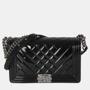 Chanel Black Patent Chevron Old Medium Boy Bag