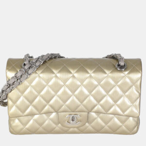 Chanel Gold Striated Quilted Patent Medium Classic Double Flap Bag