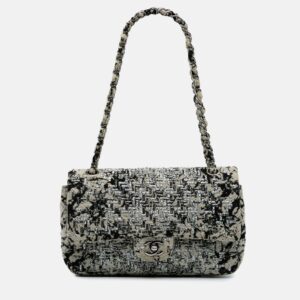 Chanel Black/White Medium Classic Wool Herringbone Double Flap