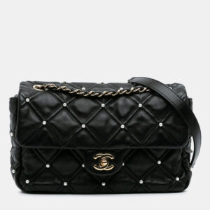 Chanel Black Medium Quilted Lambskin Pearl Studs Flap
