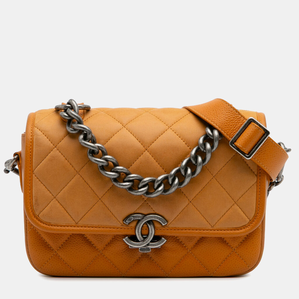 luxury-women-chanel-used-handbags-p1164829-008 Chanel Orange Small Quilted Iridescent Calfskin and Caviar Daily Carry Flap