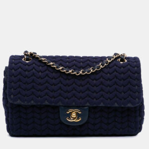 Chanel Navy Blue Medium Woven Jersey Single Flap