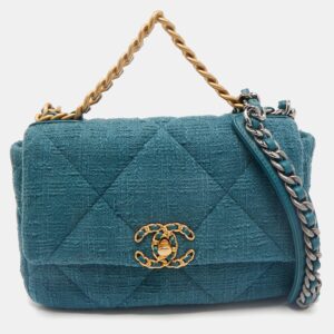 chanel dark green quilted tweed small 19 flap bag