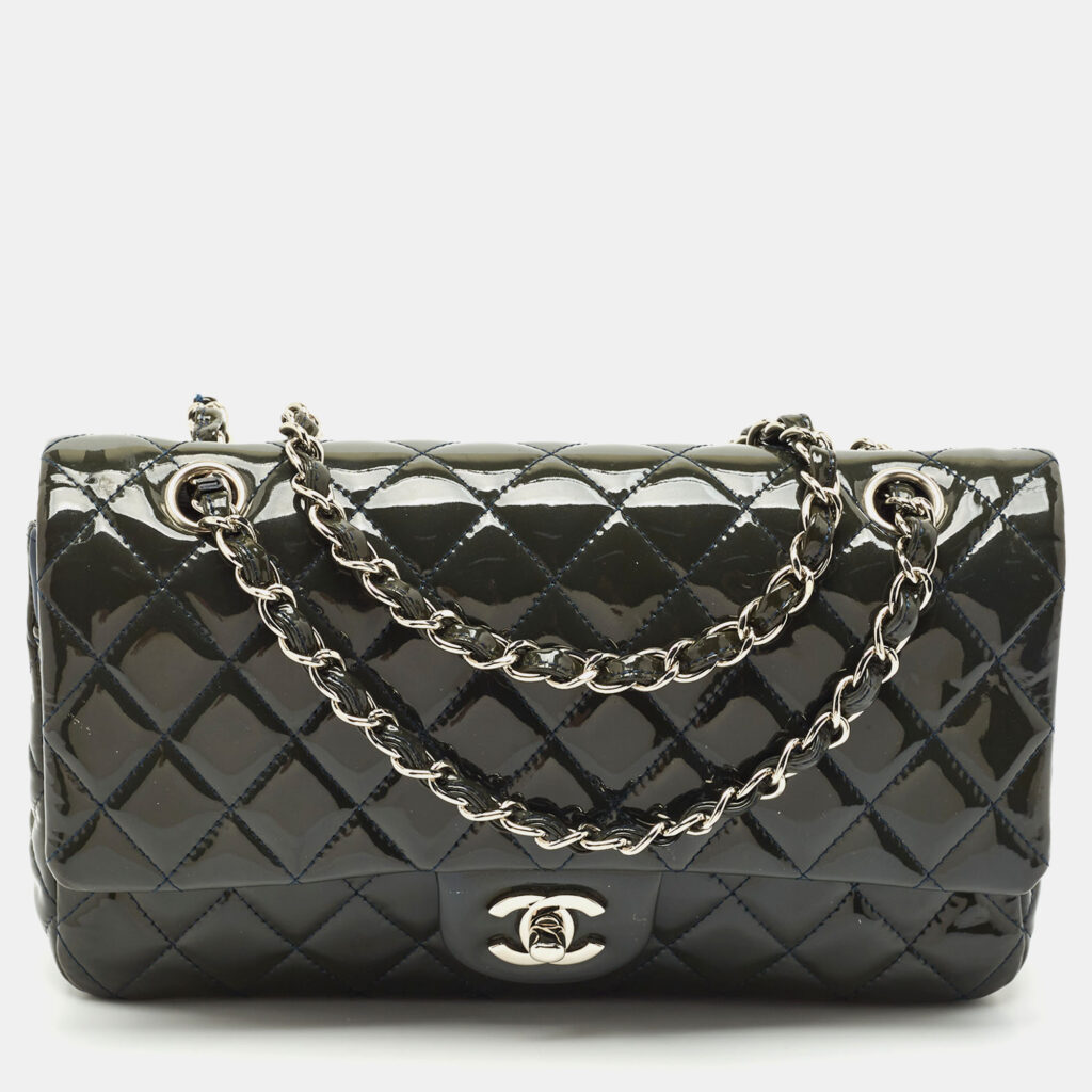 luxury-women-chanel-used-handbags-p1165274-011 Chanel Teal Blue Quilted Patent Leather Medium Classic Double Flap Bag