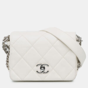 Chanel Mini Quilted Chain Rows Flap White Lambskin Bag