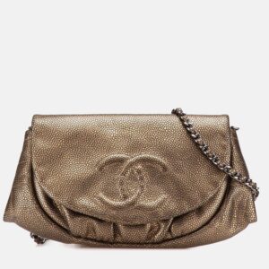 Chanel Gold CC Metallic Caviar Half Moon Wallet on Chain