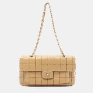 Chanel Single Flap Medium Beige Lambskin Square Stitched Shoulder Bag