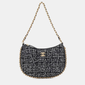Chanel Trendy Chain Around Tweed Sequin Quilted Black White Hobo Bag