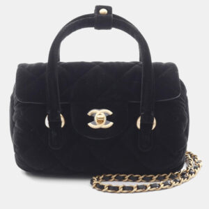 Chanel Black Velvet Quilted Mini Top Handle Flap Bag