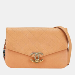 Chanel Half Coco Orange Beige Caviar Shoulder Bag