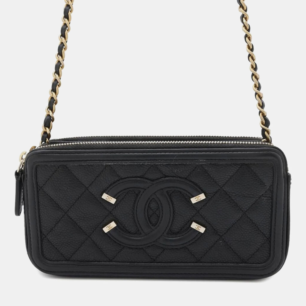 Chanel CC Filigree Black Caviar Skin Wallet On Chain