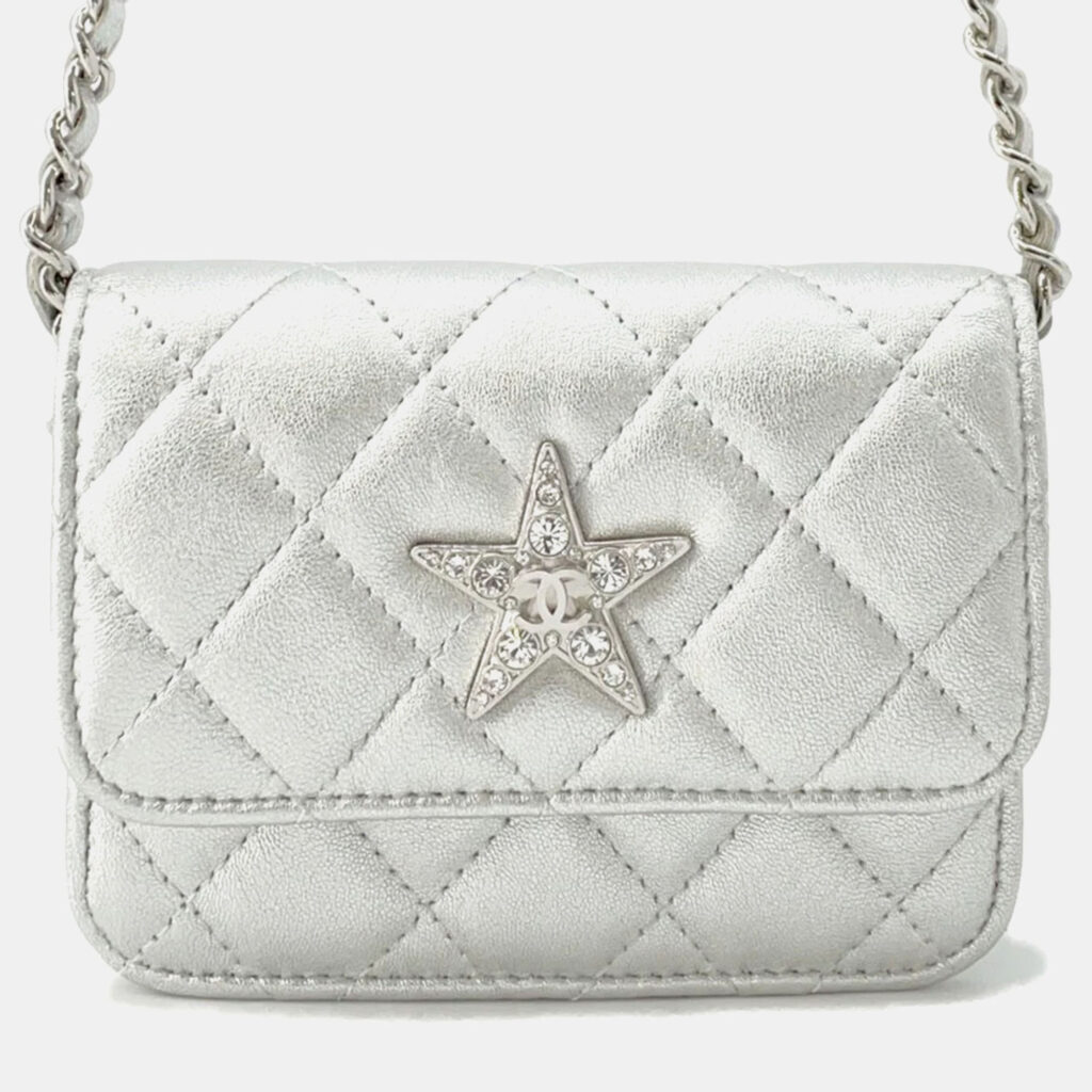 luxury-women-chanel-used-handbags-p1168534-007 Chanel Matelasse Star Motif Silver Lambskin Chain Card Case