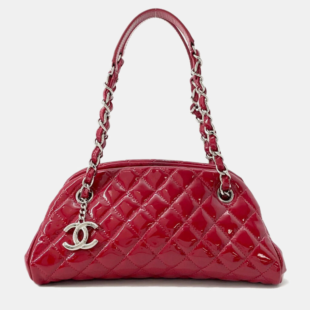luxury-women-chanel-used-handbags-p1168540-009 Chanel Mademoiselle Red Patent Leather Chain Bowling Bag