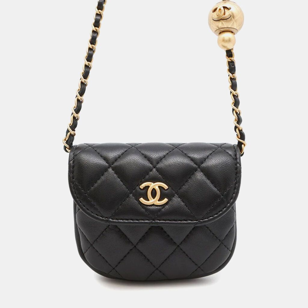 luxury-women-chanel-used-handbags-p1168552-011 Chanel Matelasse Ball Black Lambskin Chain Mini Pouch