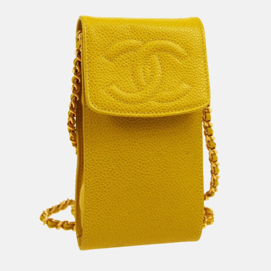 luxury-women-chanel-used-handbags-p1168737-009 Chanel Yellow Calfskin Timeless Pochette Phone Case