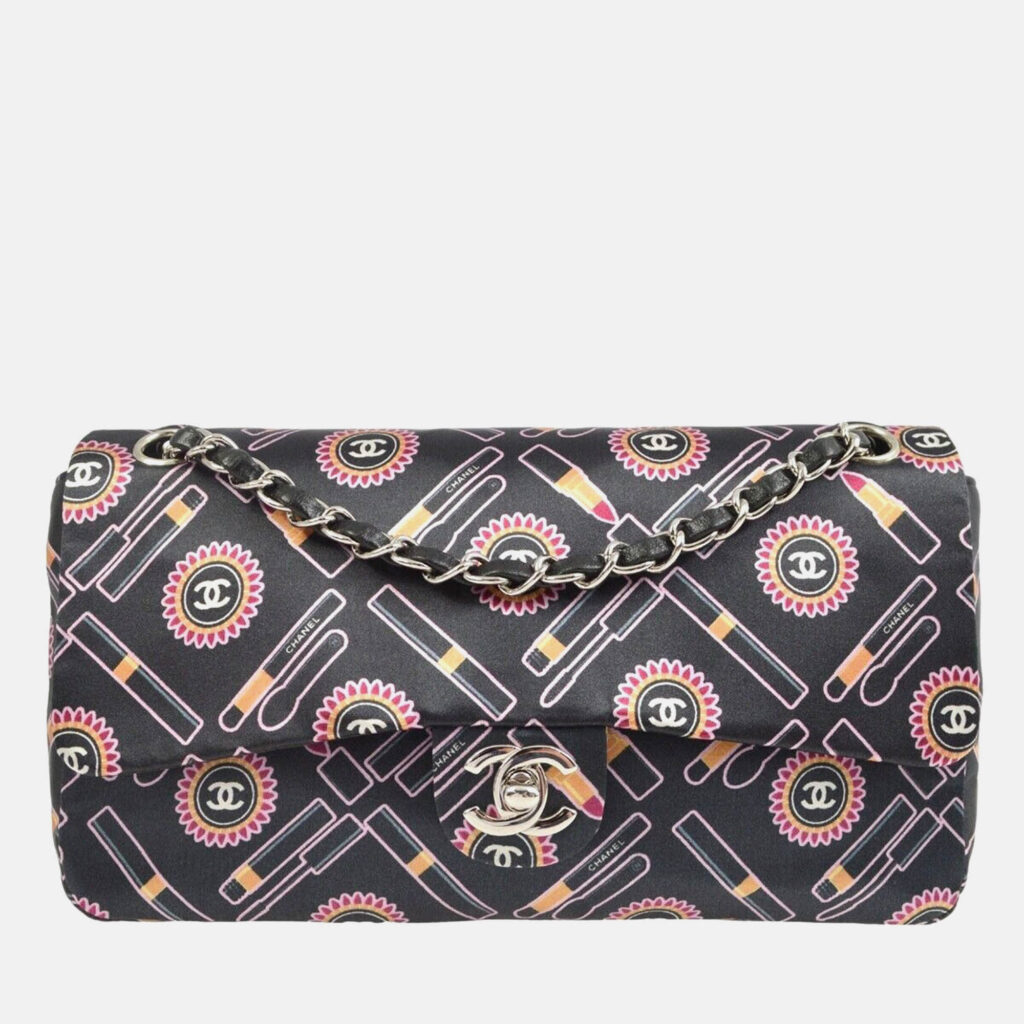 luxury-women-chanel-used-handbags-p1168812-005 Chanel Lipstick Classic Single Flap Black/Pink Satin Shoulder Bag