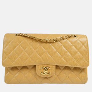 Chanel Classic Double Flap Medium Beige Caviar Leather Shoulder Bag