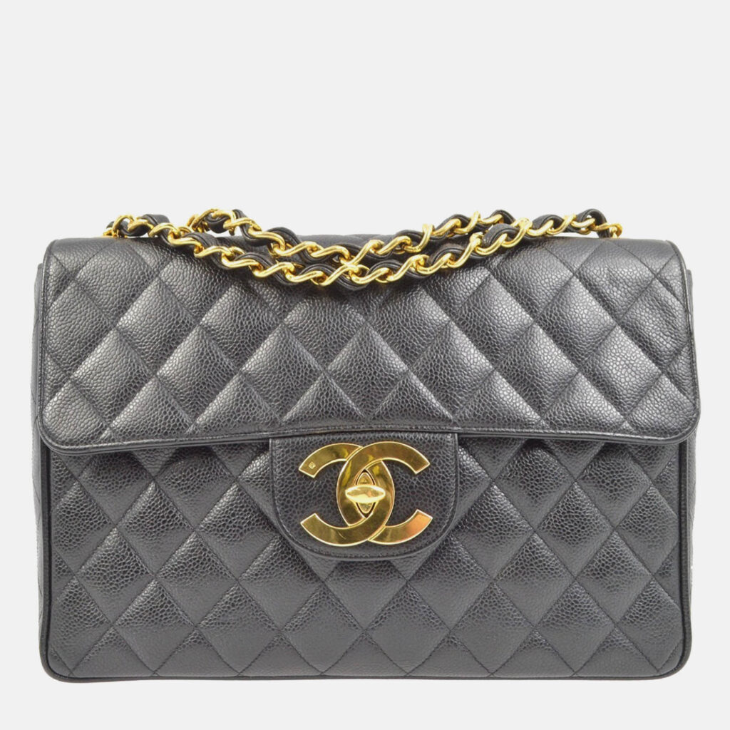 luxury-women-chanel-used-handbags-p1168841-002 Chanel Classic Single Flap Jumbo Black Quilted Caviar Bag