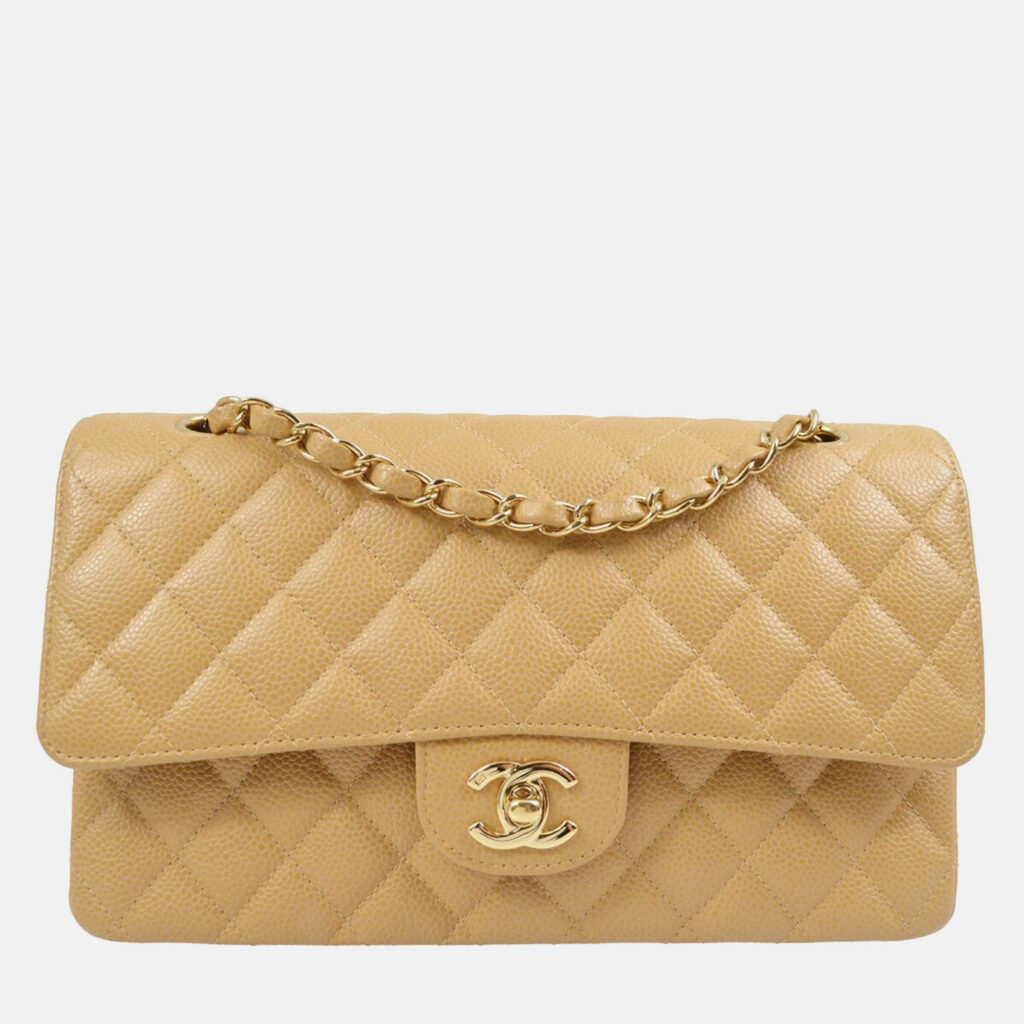 luxury-women-chanel-used-handbags-p1168855-009 Chanel Classic Double Flap Medium Beige Calfskin Shoulder Bag