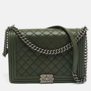 Chanel Military Green Quilted Leather Large Boy Flap Bag
