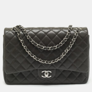 Chanel Dark Grey Quilted Caviar Leather Maxi Classic Double Flap Bag