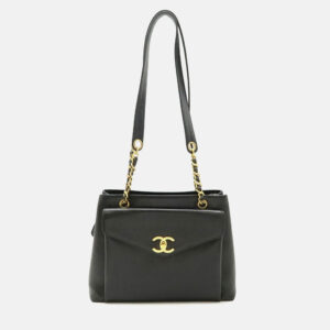 Chanel Front Pocket Black Caviar Skin Leather Tote Bag