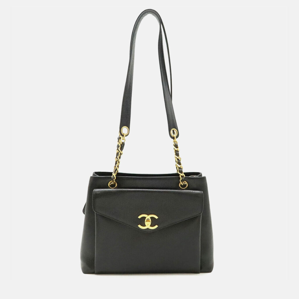 luxury-women-chanel-used-handbags-p1170087-001 Chanel Front Pocket Black Caviar Skin Leather Tote Bag