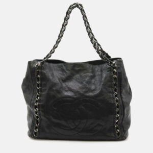 Chanel Luxury Line Black Leather Caviar Skin Chain Tote Bag