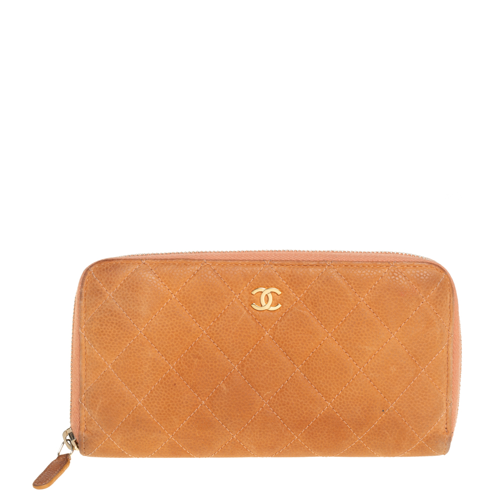 luxury-women-chanel-used-handbags-p426227-005 Chanel Orange Quilted Caviar Suede CC Zip Around Wallet