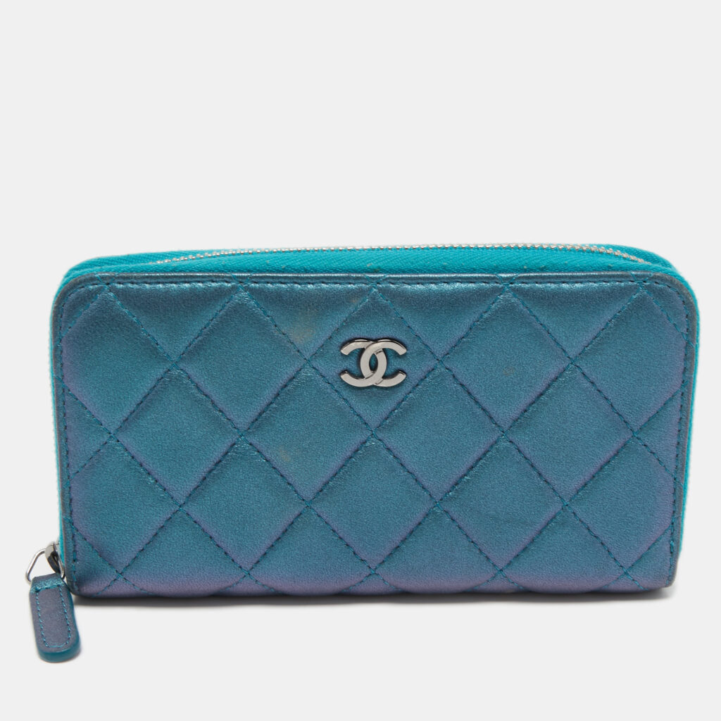 luxury-women-chanel-used-handbags-p752370-001 Chanel Metallic Blue Quilted Leather Classic Zip Wallet