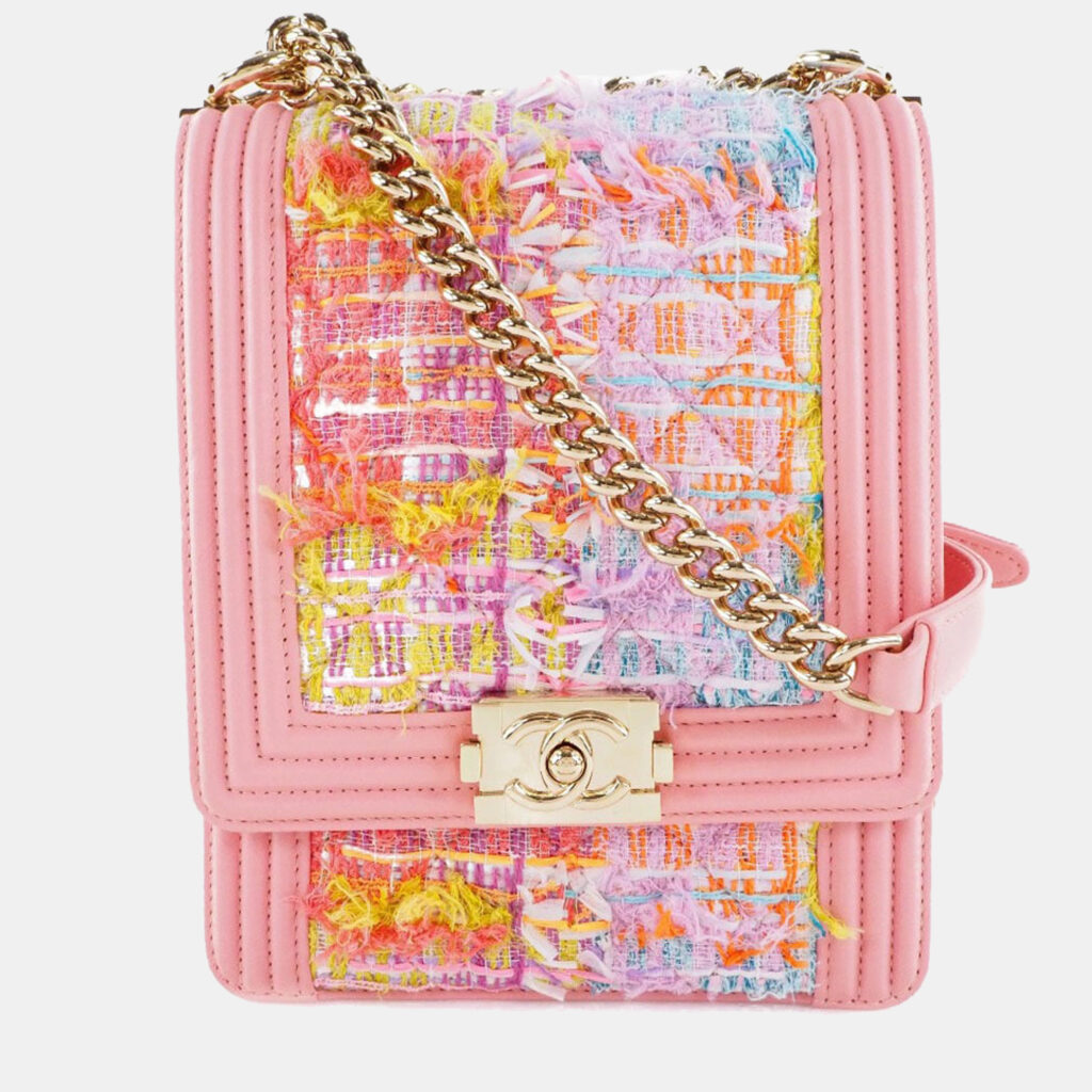 luxury-women-chanel-used-handbags-p755375-005 Chanel Pink Tweed Leather North South Boy Shoulder Bag